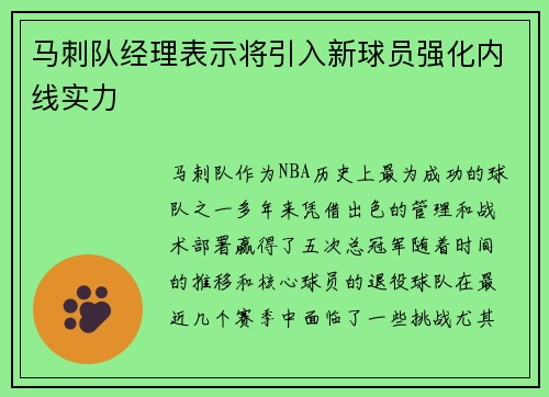马刺队经理表示将引入新球员强化内线实力