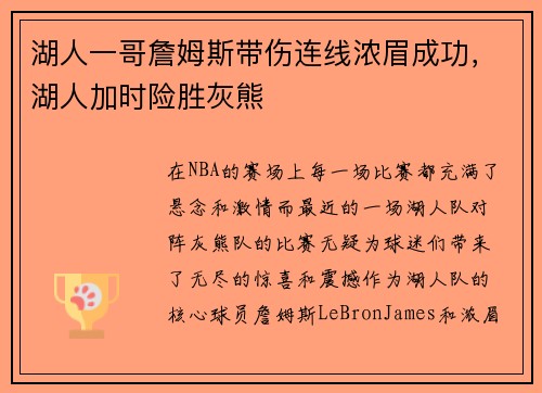 湖人一哥詹姆斯带伤连线浓眉成功，湖人加时险胜灰熊