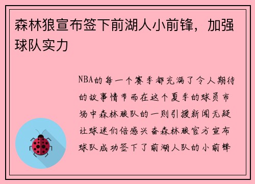 森林狼宣布签下前湖人小前锋，加强球队实力